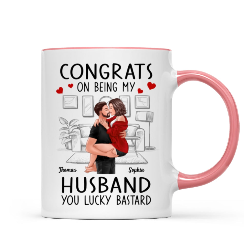 Congrats On Being My Boyfriend Husband Man Holding Woman Kissing Personalized Mug