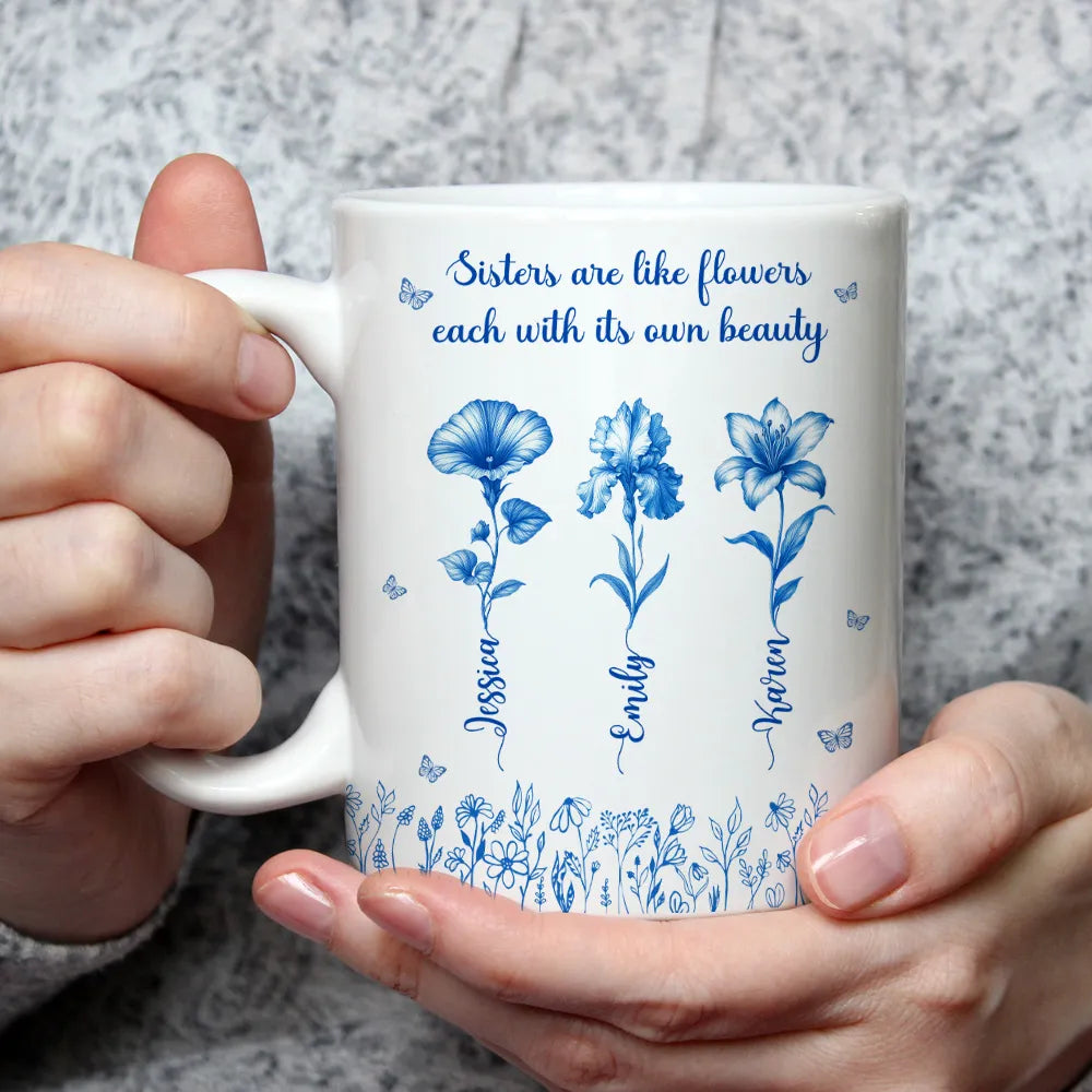 Sisterhood Mug with Names and Flowers Personalized Floral Gift for Sister or Best Friend