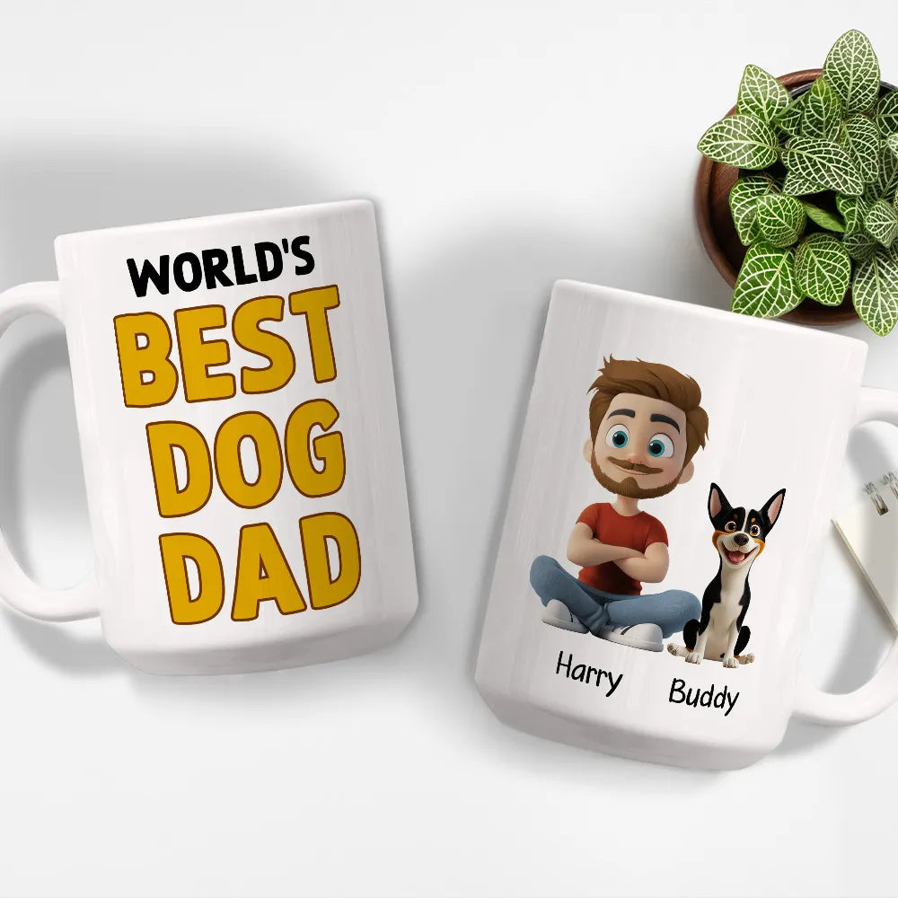 World's Best Dog Dad Mug Personalized Ceramic Mug with Cartoon Dog and Owner for Dog Lovers