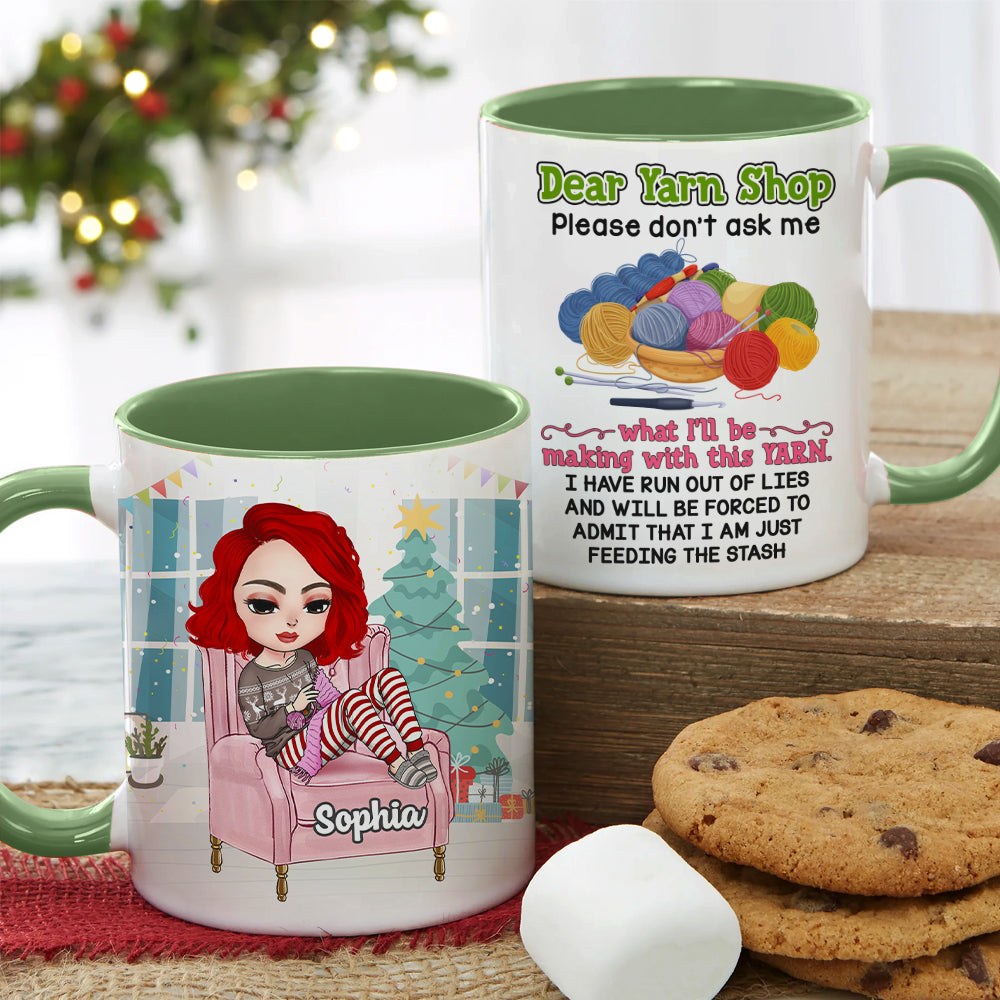 Please Don't Ask me What I'll Be Making With This Yarn Personalized Knitting Crochet Mug, Christmas Tree Decor