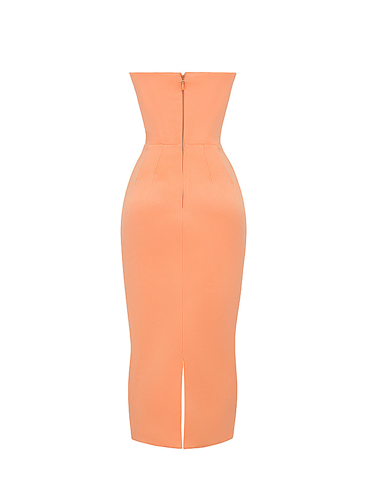Strapless Corset Ruched Peaked Neck Midi Dress