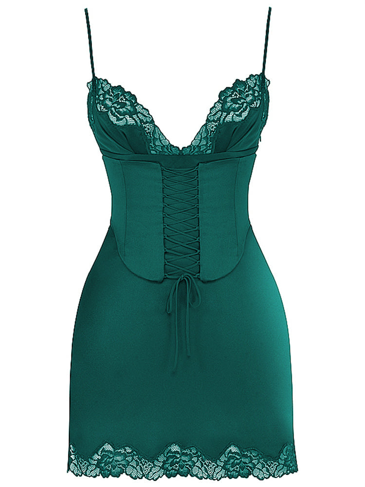 Sleeveless Lace Satin Slip Mini Dress