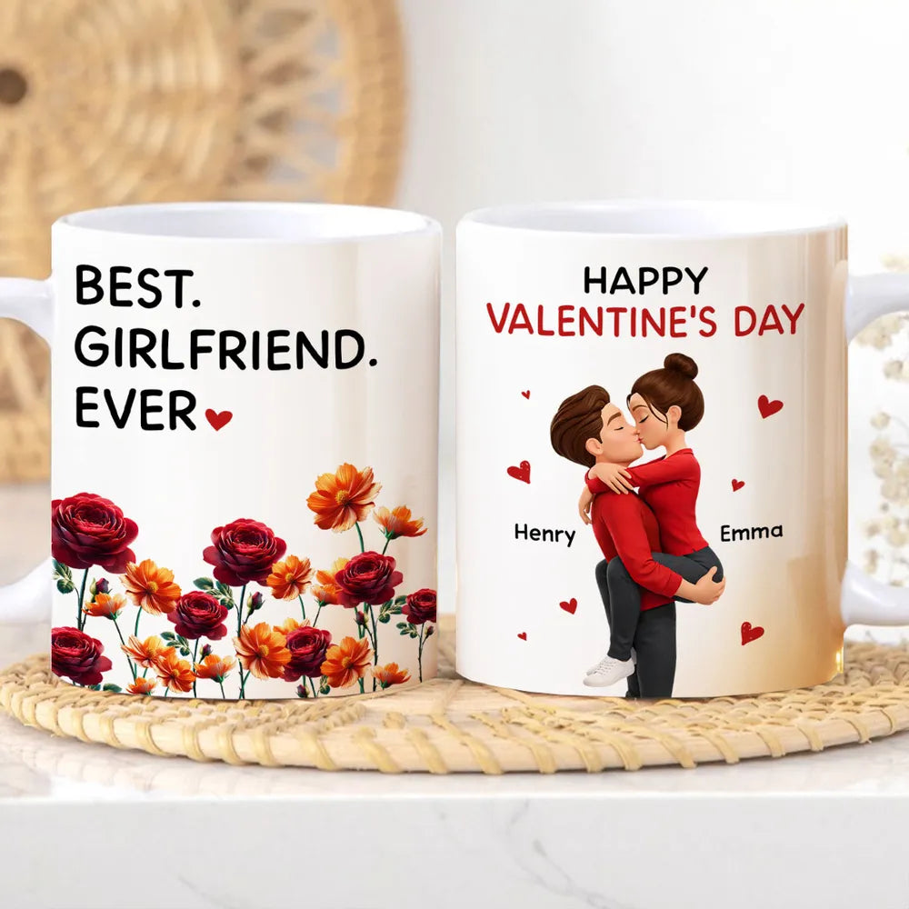 Personalized Valentine's Day Couple Kissing White Ceramic Mug with Birth Flowers, Cute Romantic Gift for Girlfriend or Boyfriend