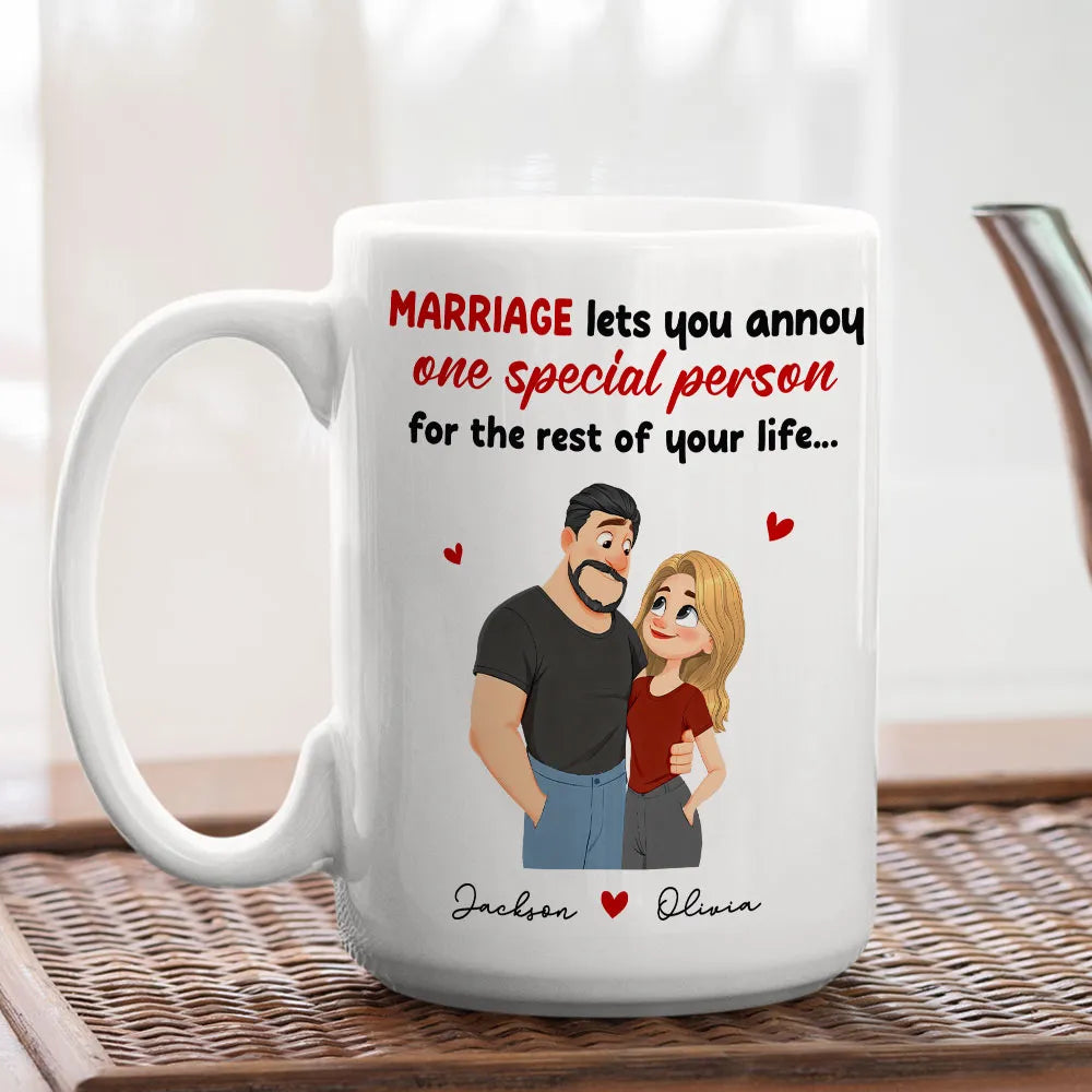 Personalized Ceramic Mug Funny Marriage Quote With Cute Couple Illustration - Unique Gift For Wife Or Husband