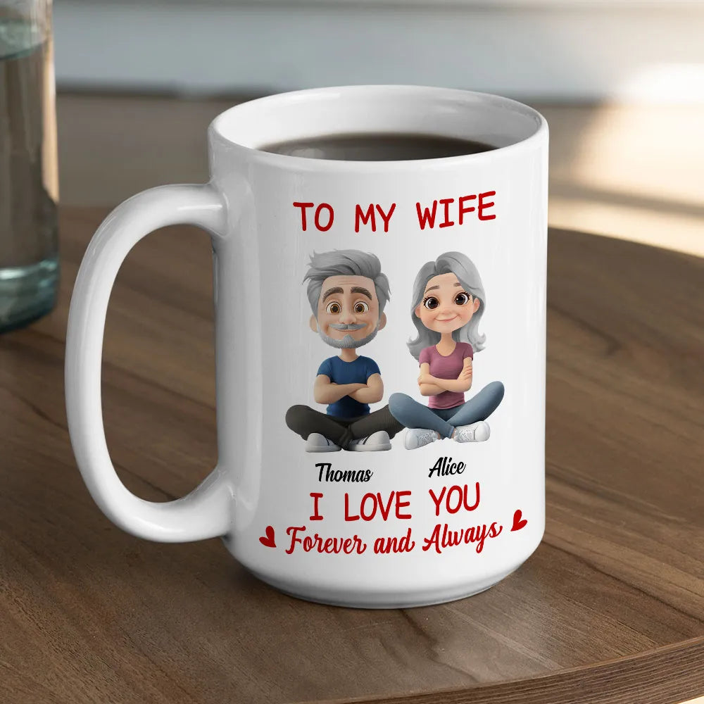Personalized White Ceramic Mug for Wife, Cute Cartoon Couple Sitting, I Love You Forever and Always Unique Gift