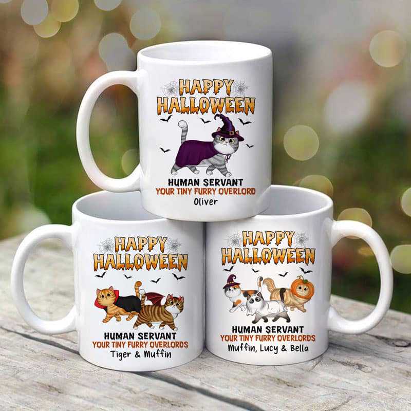 Happy Halloween Human Servant Walking Fluffy Cats Personalized Mug