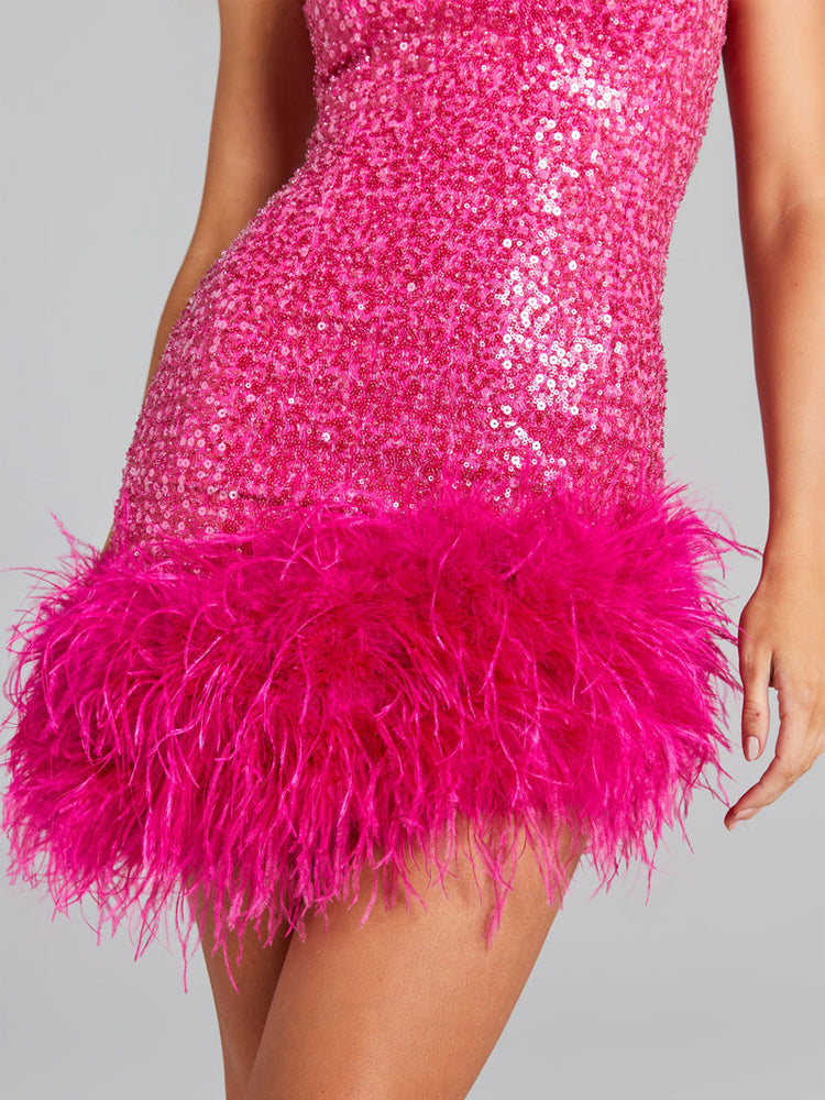 Sequin Feather Trim Sleeveless Square Neck Mini Dress