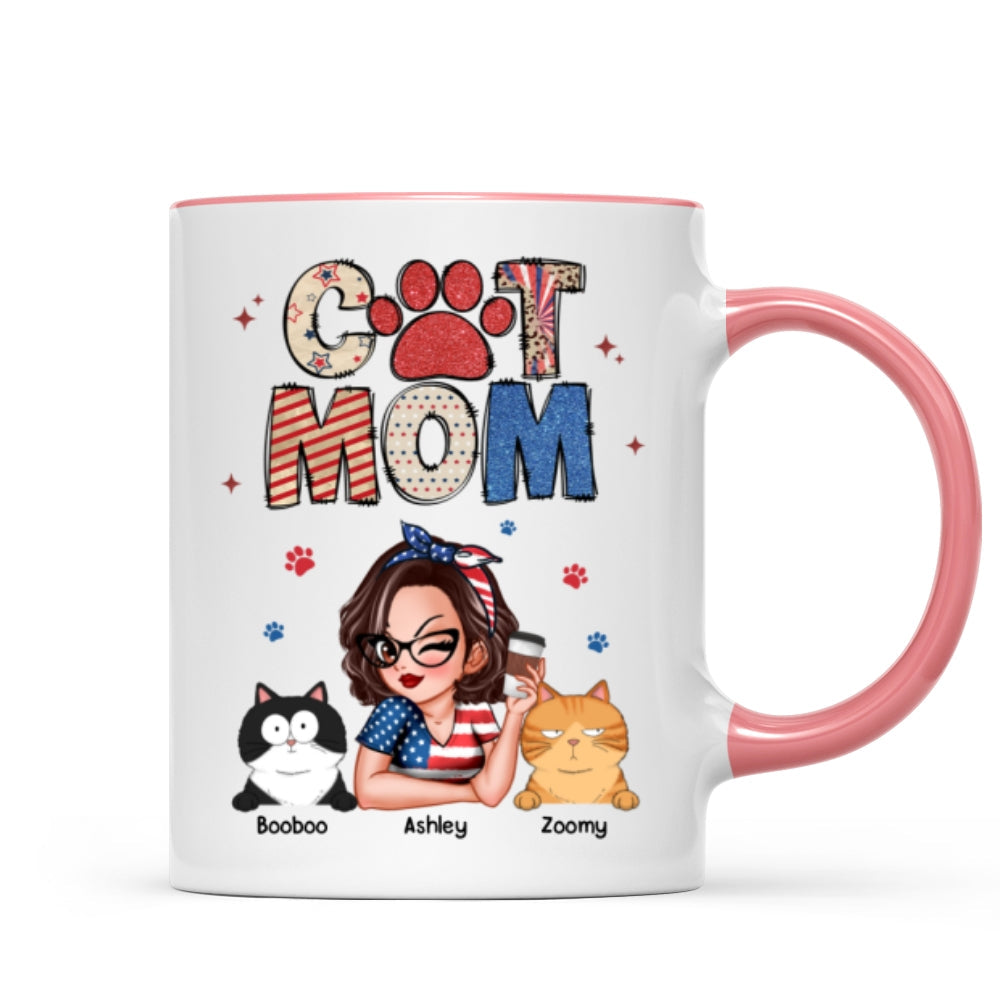Cat Mom 4th of July America Sparkly Pattern Personalized Mug, Independence Day