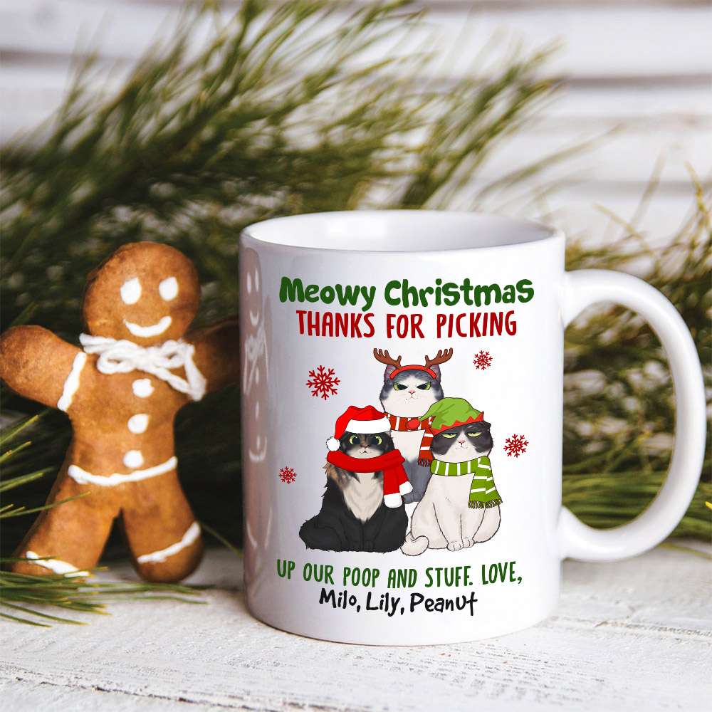 Meowy Christmas Thanks For Picking Up Our Stuff, Personalized Cat Christmas Mug, Christmas Gift