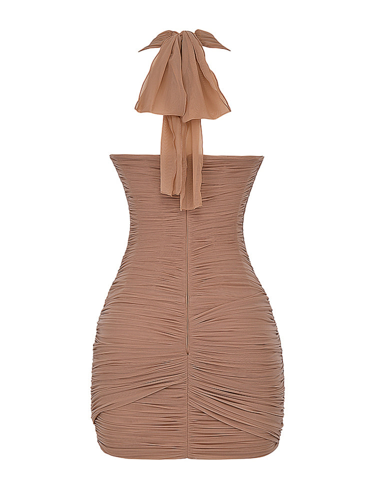 Gathered Plunge Neck Halter Backless Mini Dress