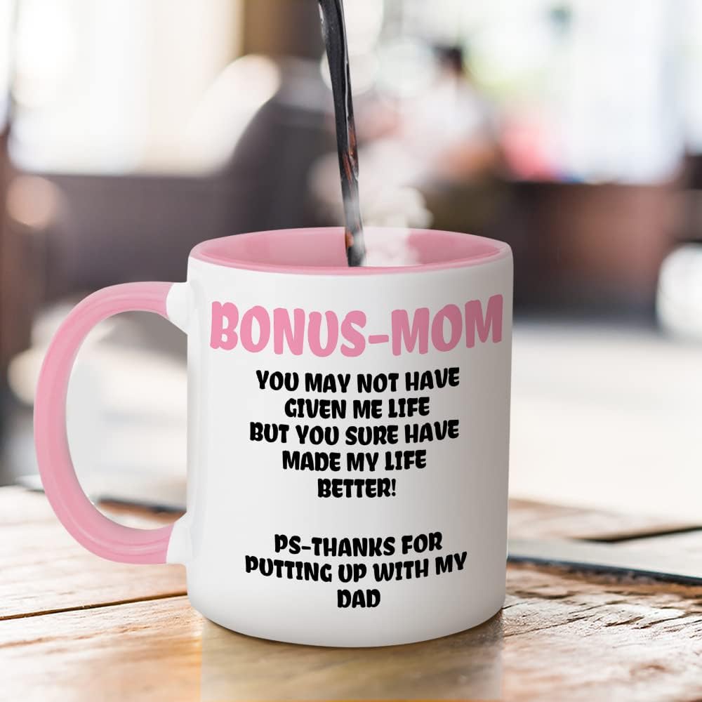 Bonus Mom Funny Coffee Mug, Gift for Stepmom from Stepdaughter Stepson Birthday Mother's Day Christmas Gift