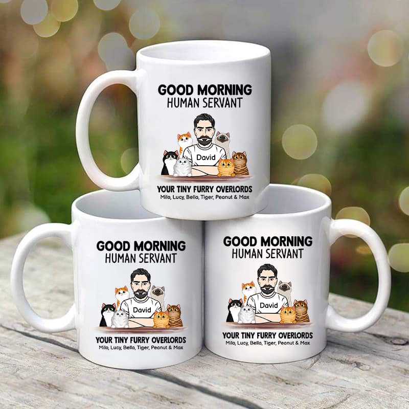 Man And Cats Good Morning Happy Father's Day Human Servant Gift For Cat Dad Personalized Mug