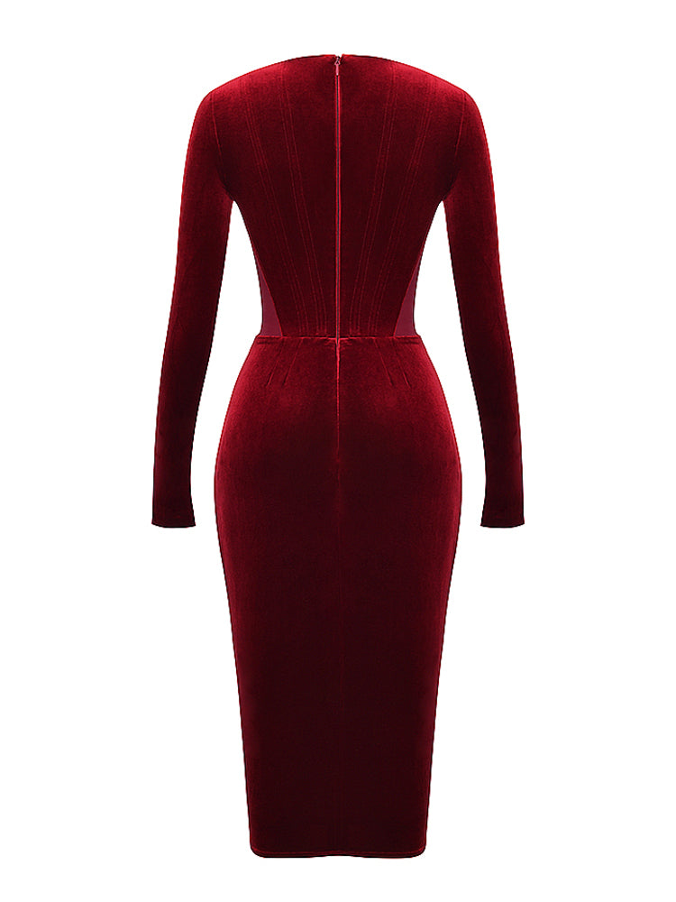 Wine Velvet Corset Lace Trim Long Sleeve Midi Dress