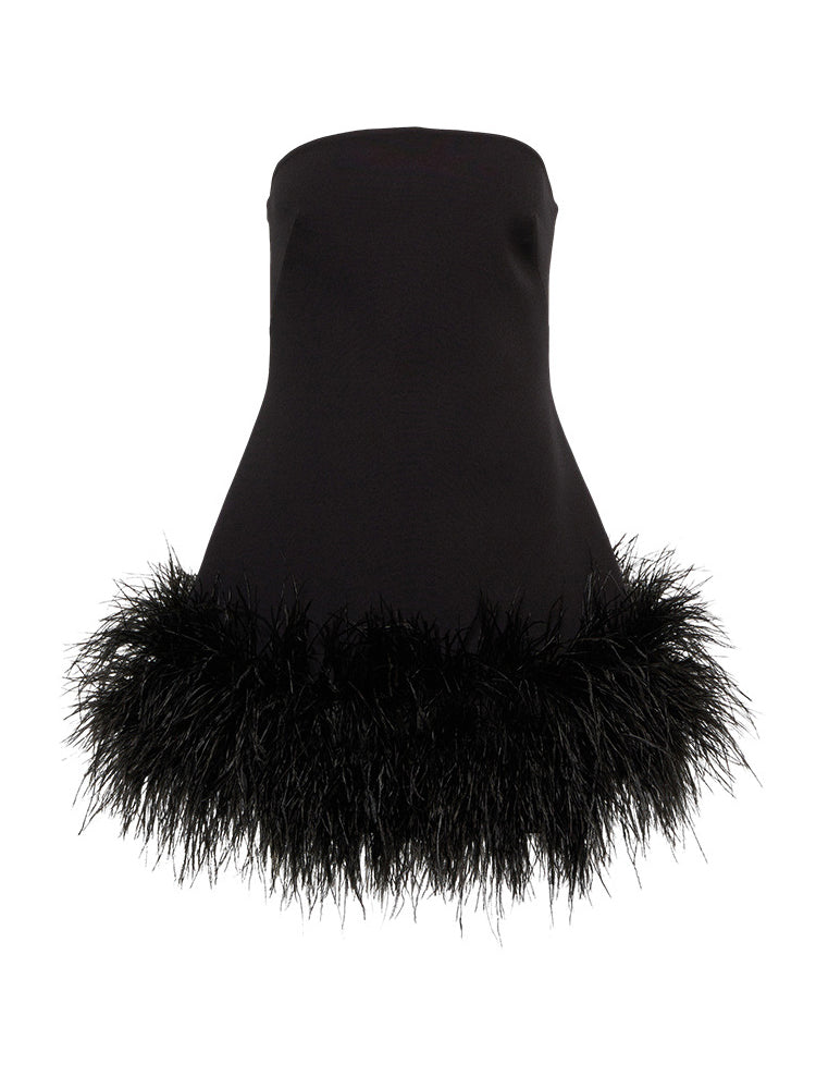 Feather-trimmed Bandeau Neck A-line Mini Dress
