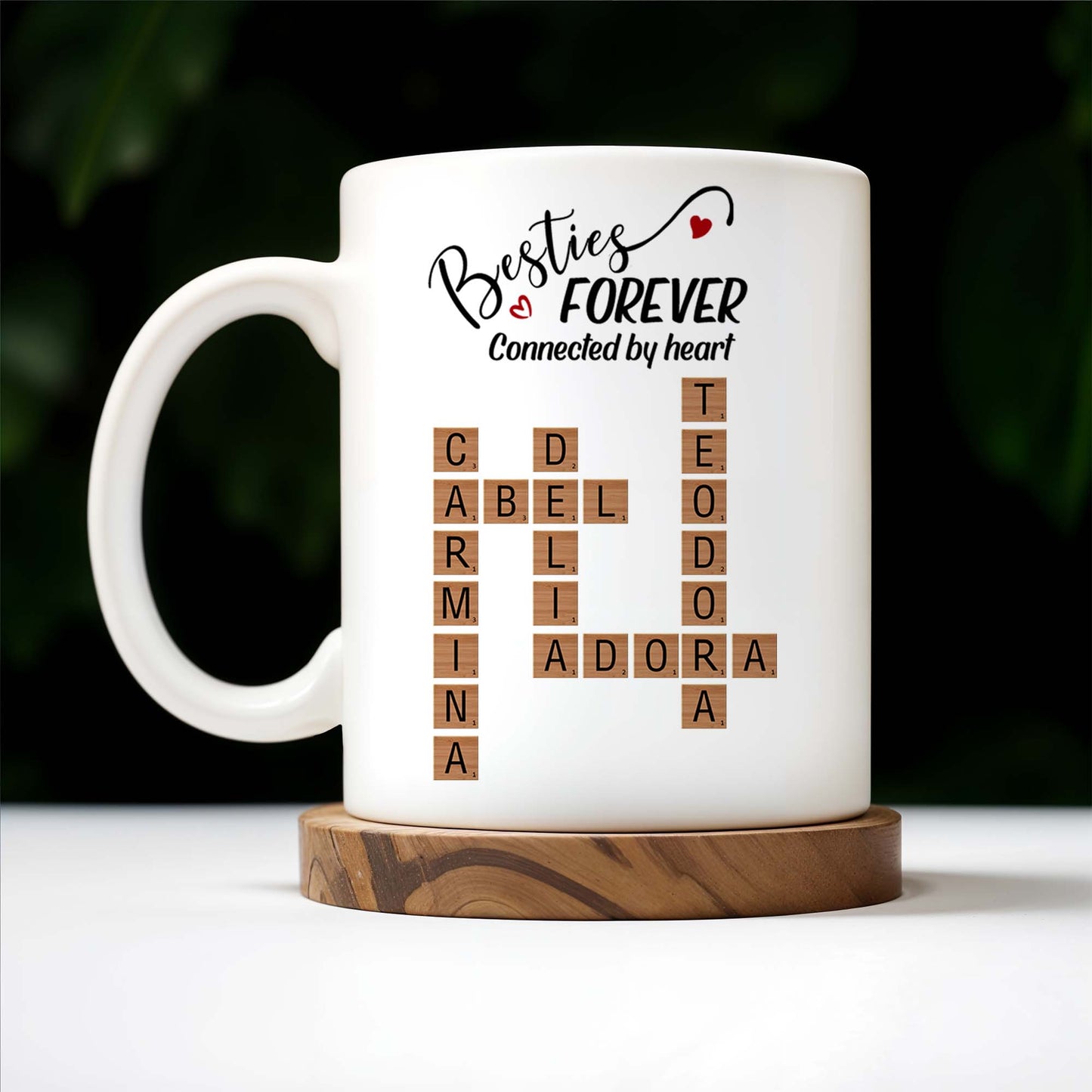 Besties Forever Connected By Heart Mug With Heart And Scrabble Tiles - Personalized Custom Coffee Mug - BST127_MG