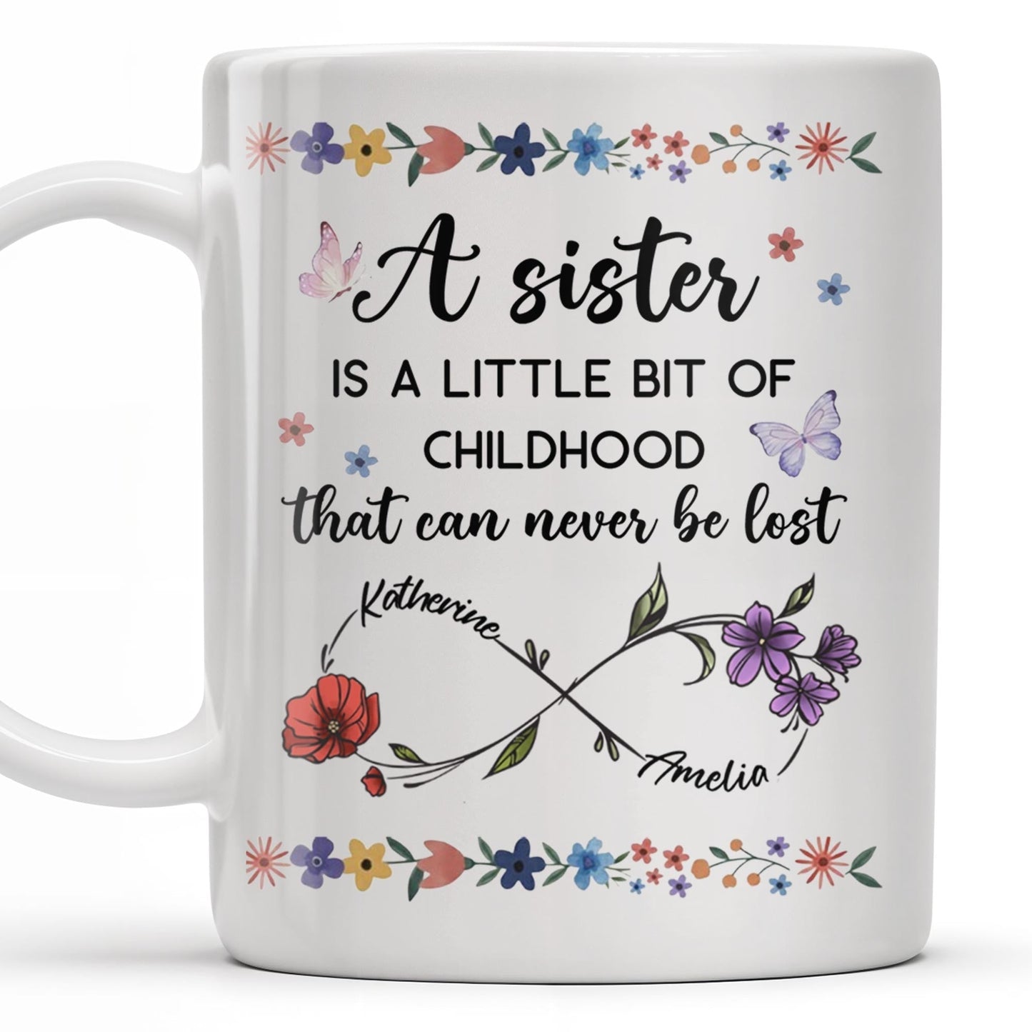 A Sister Is A Little Bit Of Childhood With Flowers And Butterfly - Personalized Custom Coffee Mug - BST436_MG