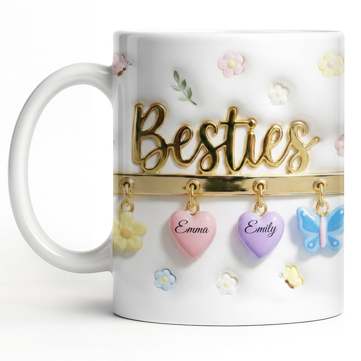 Besties with Flowers, Butterflies, and Hearts - Personalized Custom Coffee Mug - BST524_MG