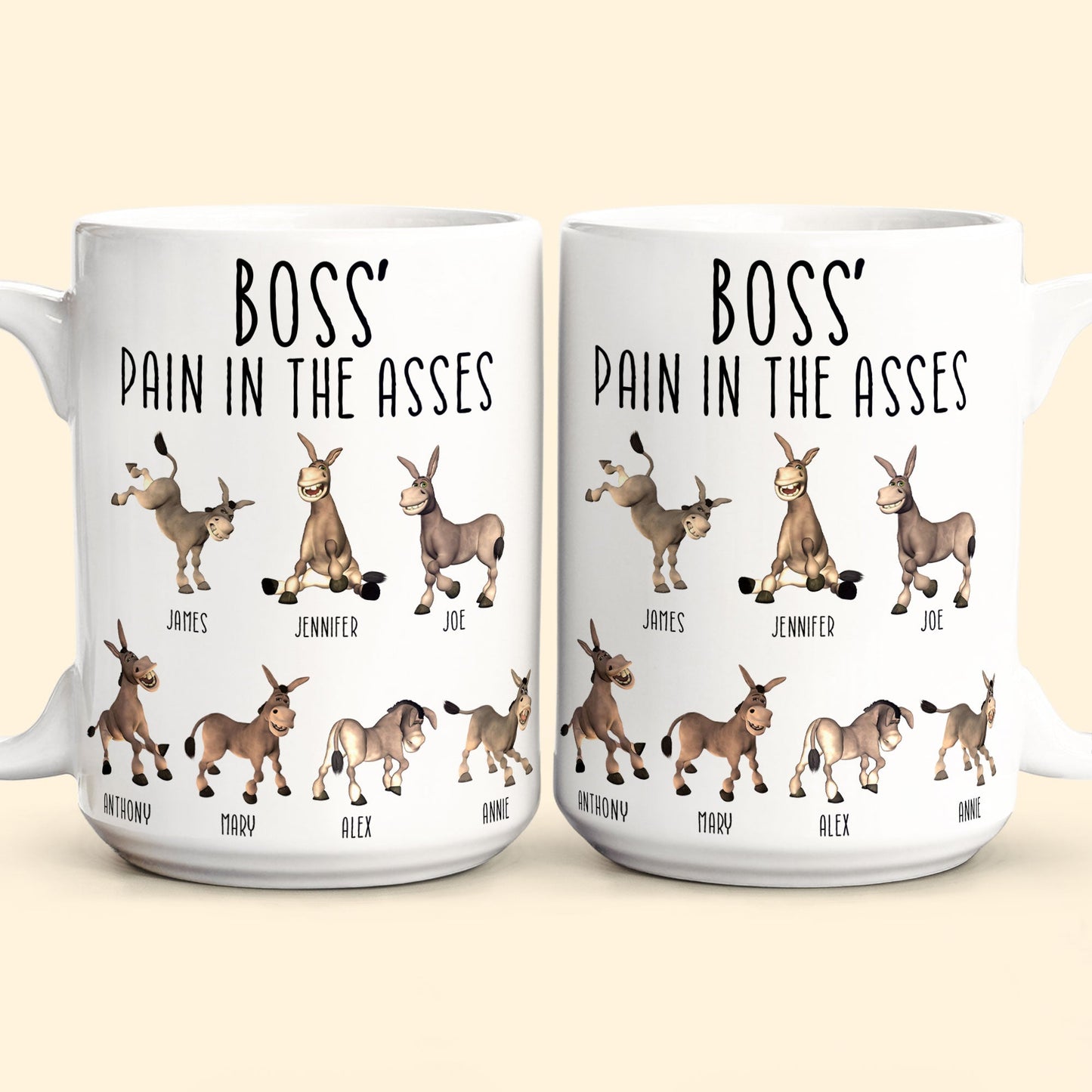 Boss' Pain in the Asses White Ceramic Mug, Personalized Office Humor Gift for Coworkers and Morning Coffee Smiles
