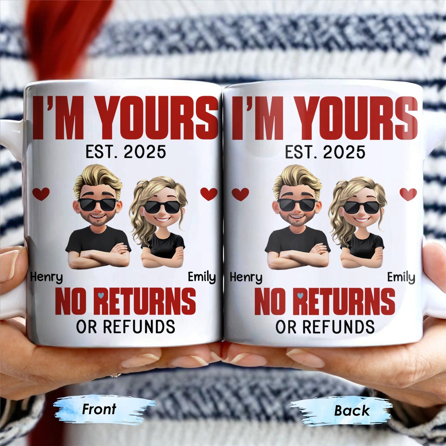 I'm Yours No Returns Or Refunds, Cartoon Couple With Hearts - Personalized Custom Coffee Mug - CPL548_MG