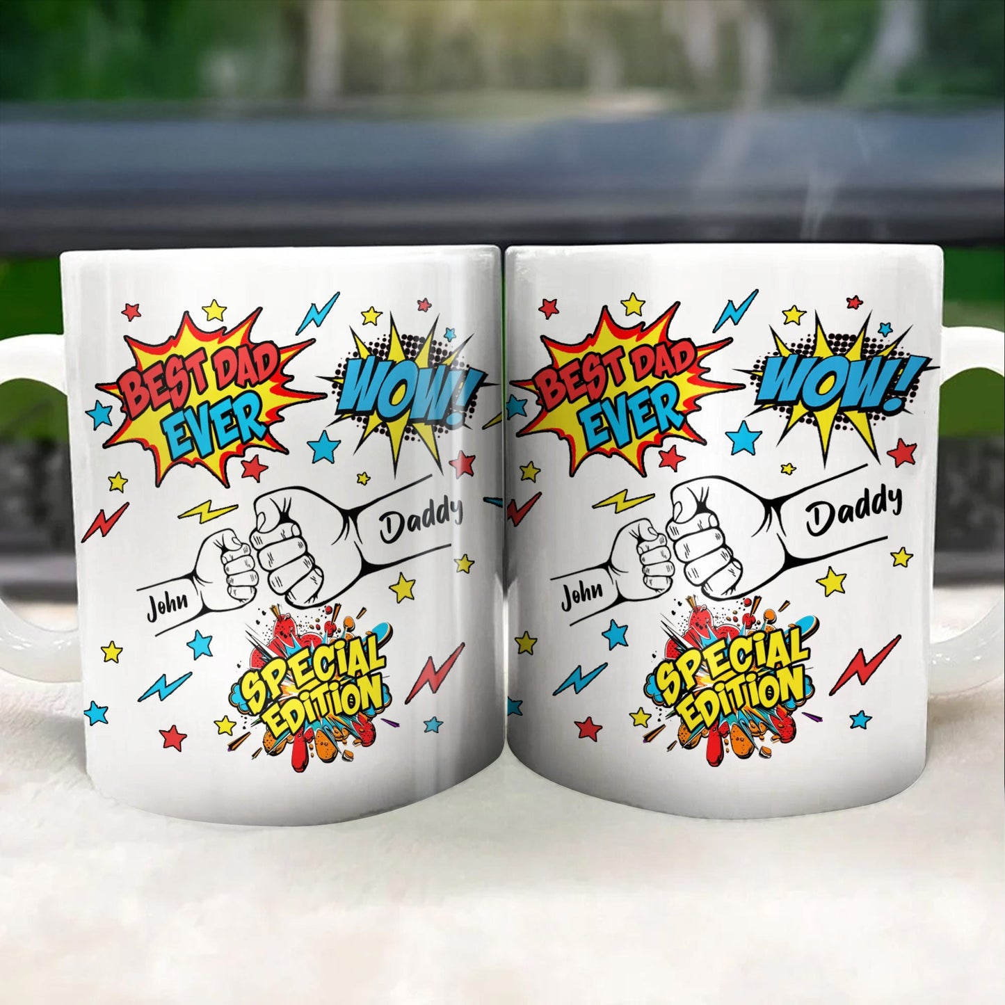 Best Dad Ever, Wow, Fist and Stars - Personalized Custom Coffee Mug - DAD039_MG