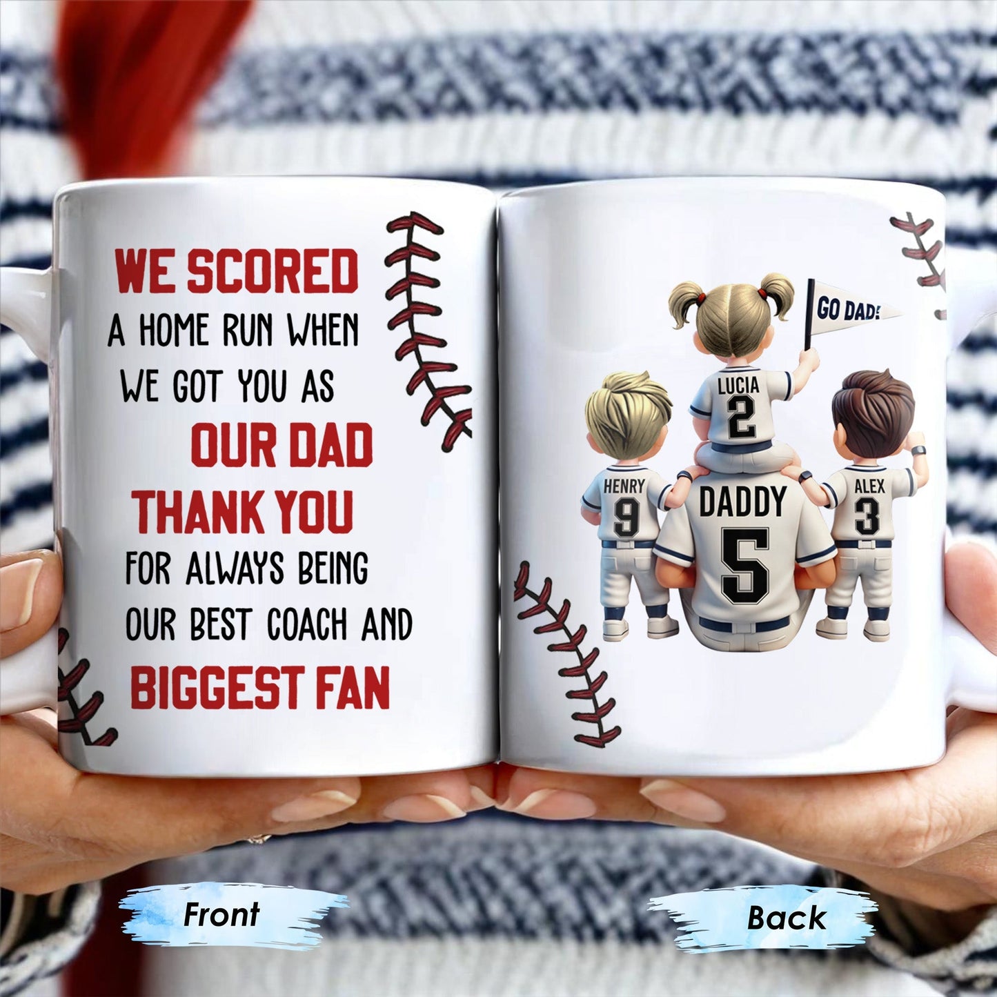We Scored A Home Run When We Got You As Our Dad, Baseball Stitches And Uniforms - Personalized Custom Coffee Mug - DAD140_MG