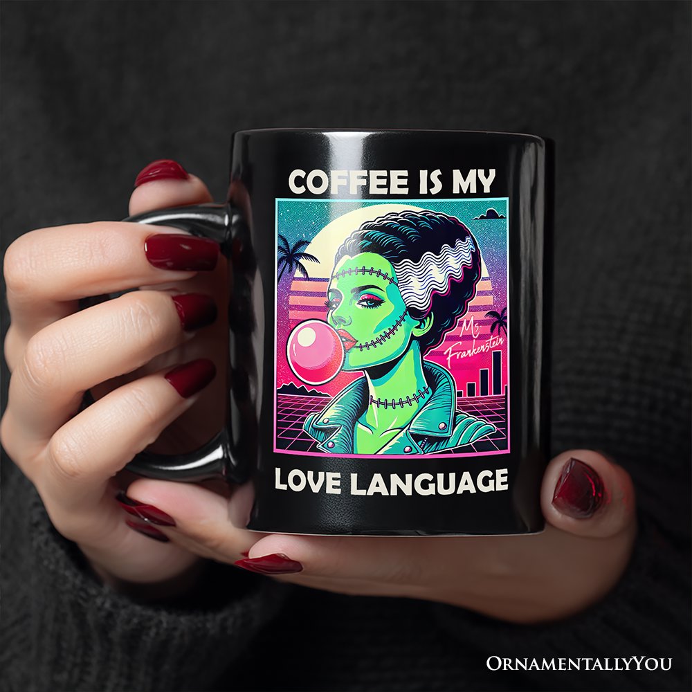 Vaperwave Mrs Frankenstein Bride Retro Neon Horror Personalized Mug, Synthwave 80's Styled Classic Halloween Gift with Custom Name