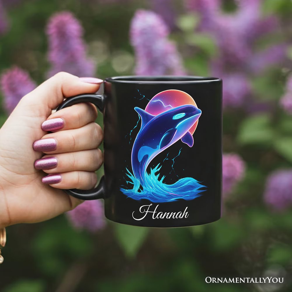 Orca Neon Synthwave Retro Personalized Mug, Vaporwave Sunset Ocean Gift with Custom Name