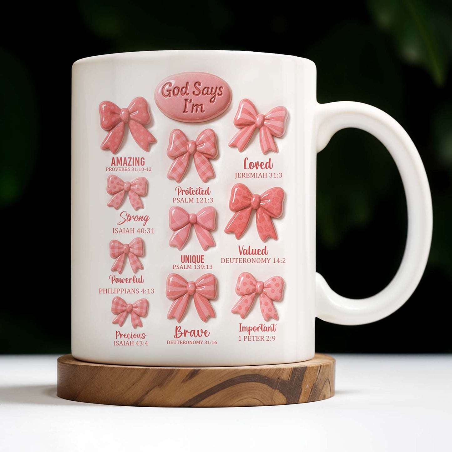 God Says I'm Loved, Unique, Strong, Protected, Bows and Religious Verses - Personalized Custom Coffee Mug - FTH034_MG