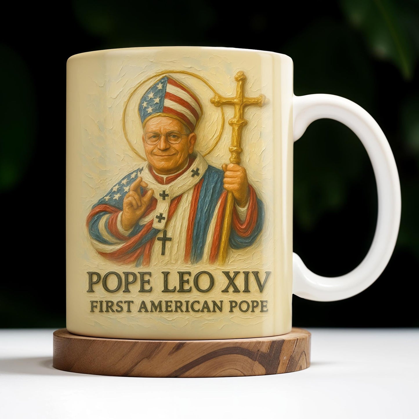Pope Leo XIV First American Pope, Pope with American Flag - Personalized Custom Coffee Mug - FTH093_MG