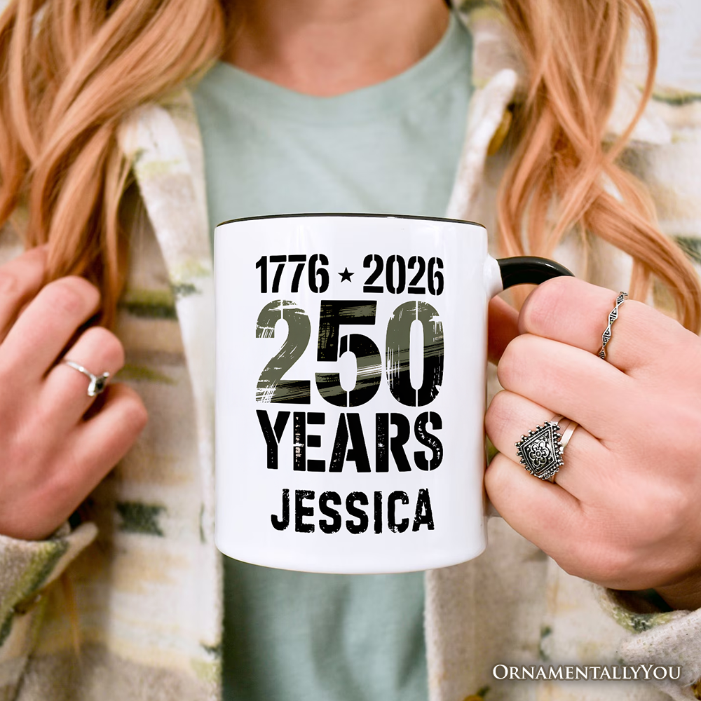 America 250 Years of Freedom Anniversary Personalized Mug, 4th of July USA Patriotic Gift with Custom Name