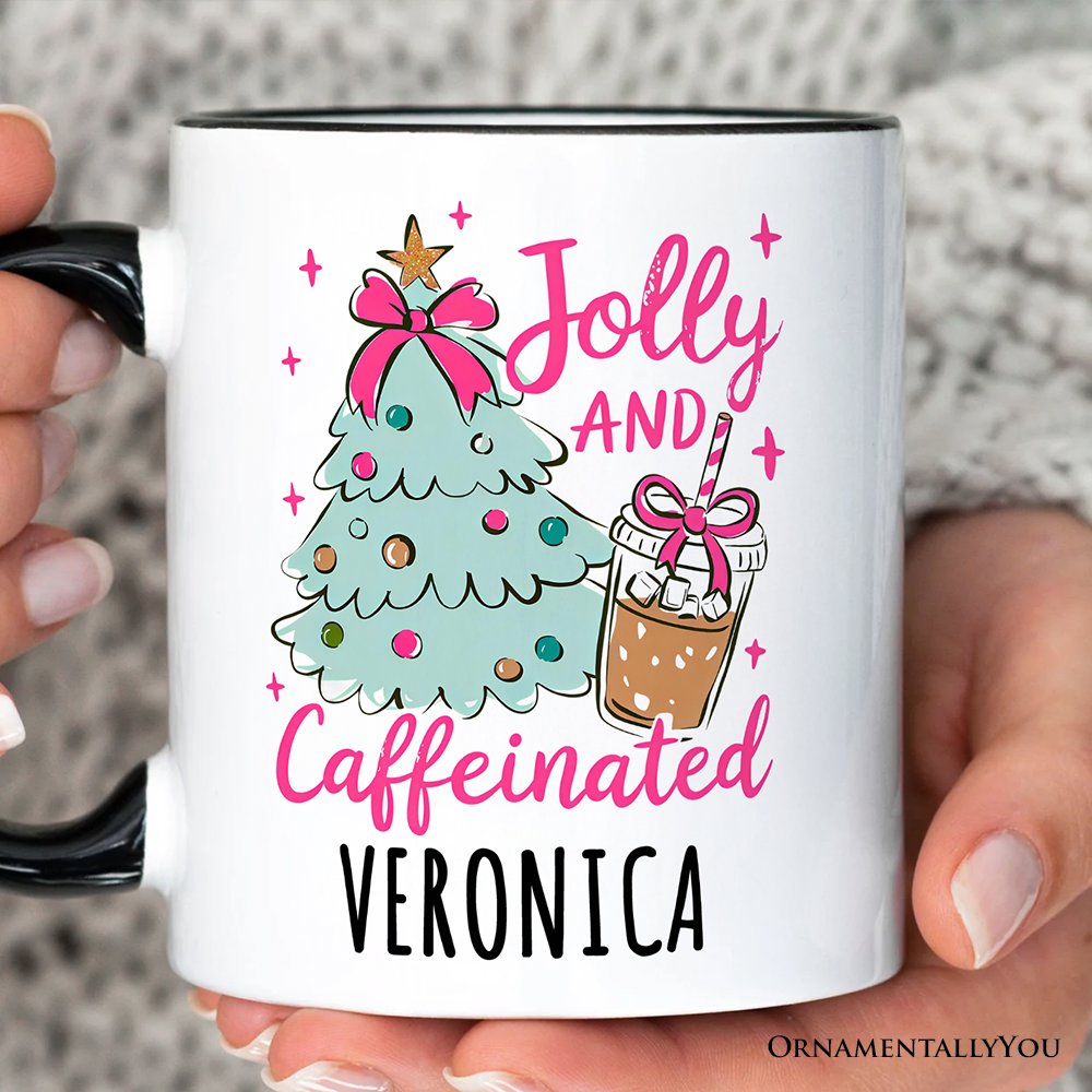 Jolly and Caffeinated Christmas Personalized Mug, Retro Coquette Coffee Holiday Gift with Custom Name