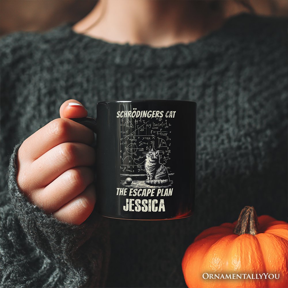Cat The Escape Plan Physics Humor Personalized Mug, Funny Science Nerd Gift with Custom Name