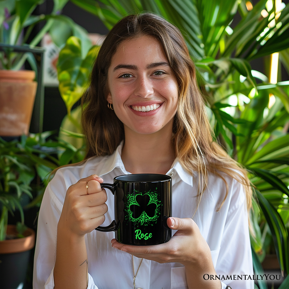 Splatter Shamrock Silhouette St Patrick's Day Personalized Mug, Retro Lucky Clover Gift with Custom Name