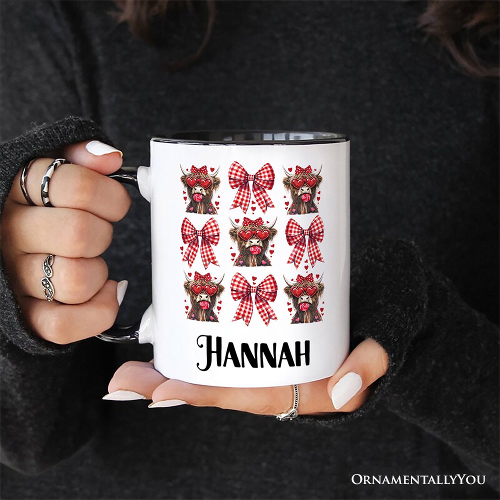 Highland Cow Coquette Bow Valentine Personalized Mug, Cute Hearts Western Gift with Custom Name