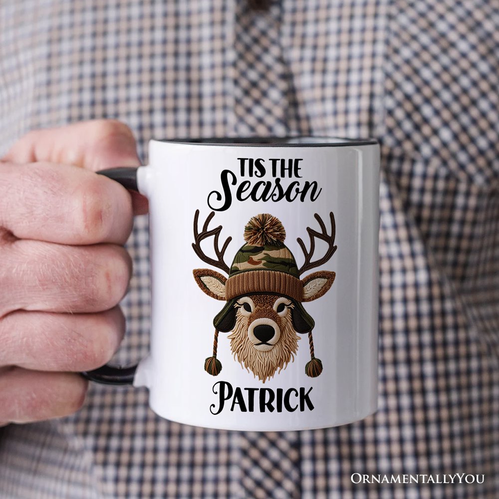 Deer Head Camo Hat Christmas Personalized Mug, Imitation Latch Hook Yarn Cozy Hunting Season Gift with Custom Name