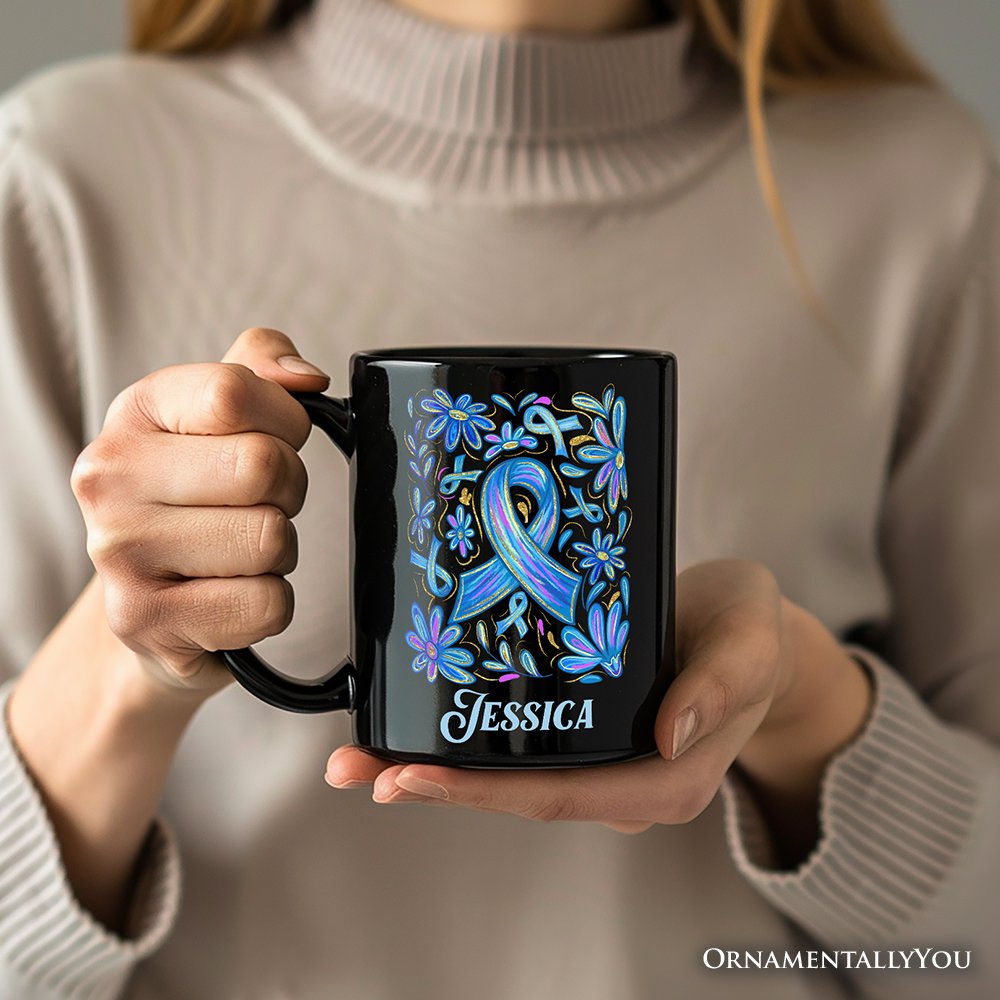 Diabetes Blue Ribbon Floral Personalized Mug, Awareness Support Gift with Custom Name