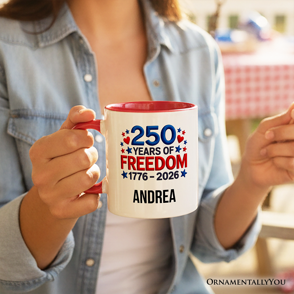 250 Years Freedom Faux Varsity Patch Personalized Mug, 4th of July USA Patriotic 1776-2026 Gift with Custom Name