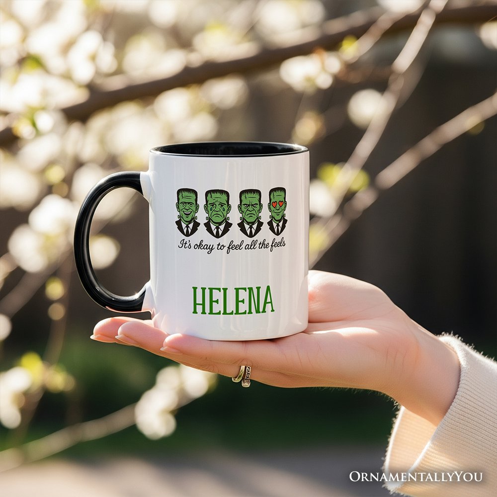 Frankenstein It's Okay To Feel All The Feels Personalized Mug, Funny Mental Health Feelings Gift with Custom Name