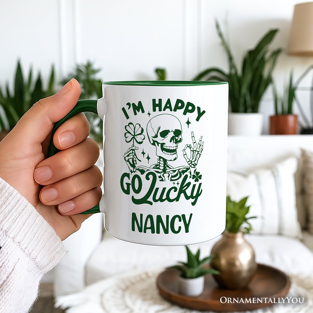 Happy Go Lucky Clover Skeleton St Patrick's Day Personalized Mug, Green Shamrock Vintage Gift with Custom Name