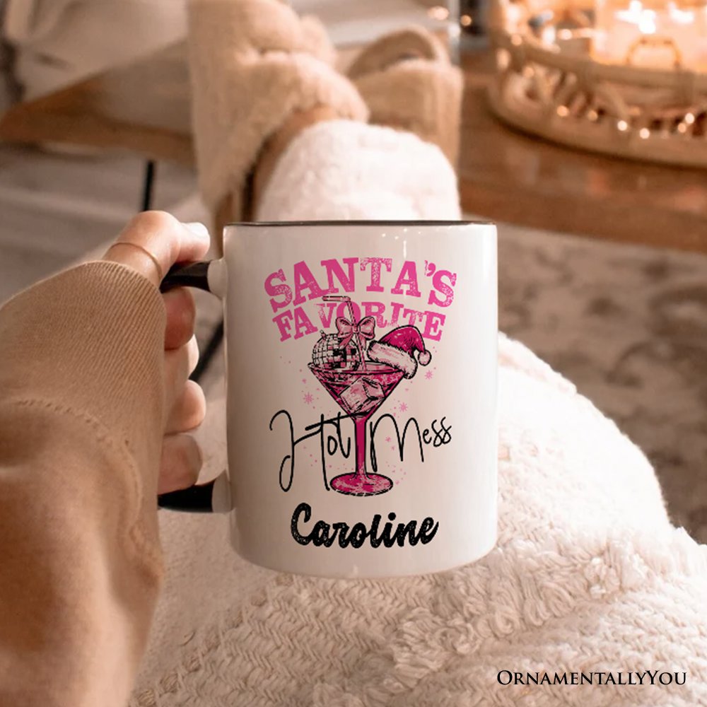 Santa's Favorite Hot Mess Personalized Mug, Pink Martini Retro Disco Christmas Gift with Custom Name