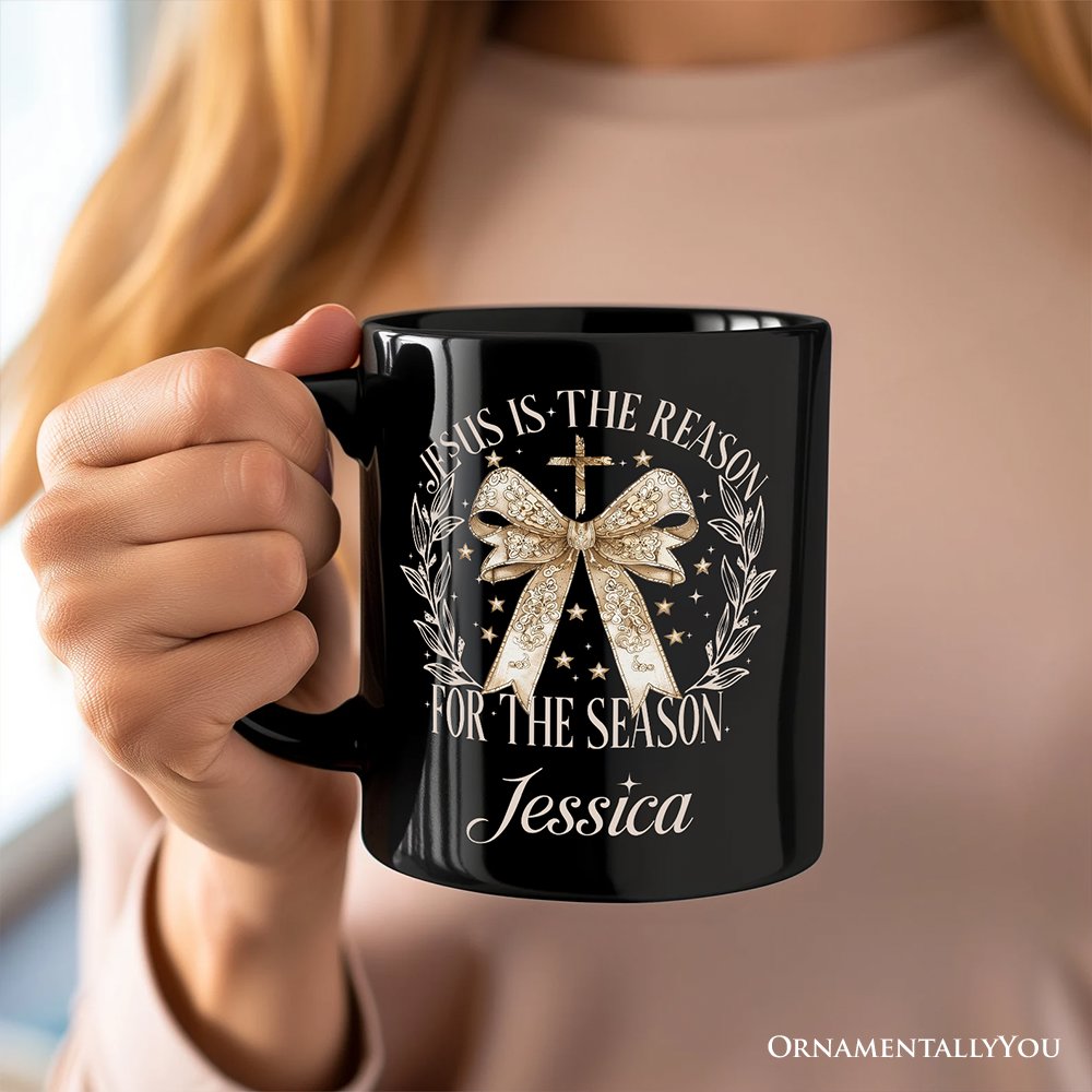 Jesus Is the Reason Christmas Personalized Mug, Coquette Gold Bow Cross Gift with Custom Name