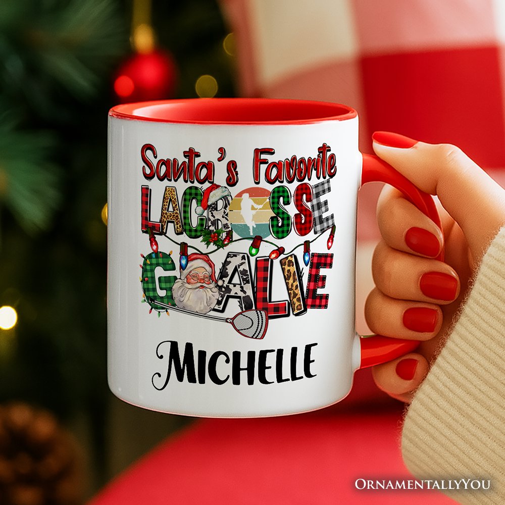 Santa's Favorite Lacrosse Goalie Personalized Mug, Plaid Christmas Athelete Gift with Custom Name
