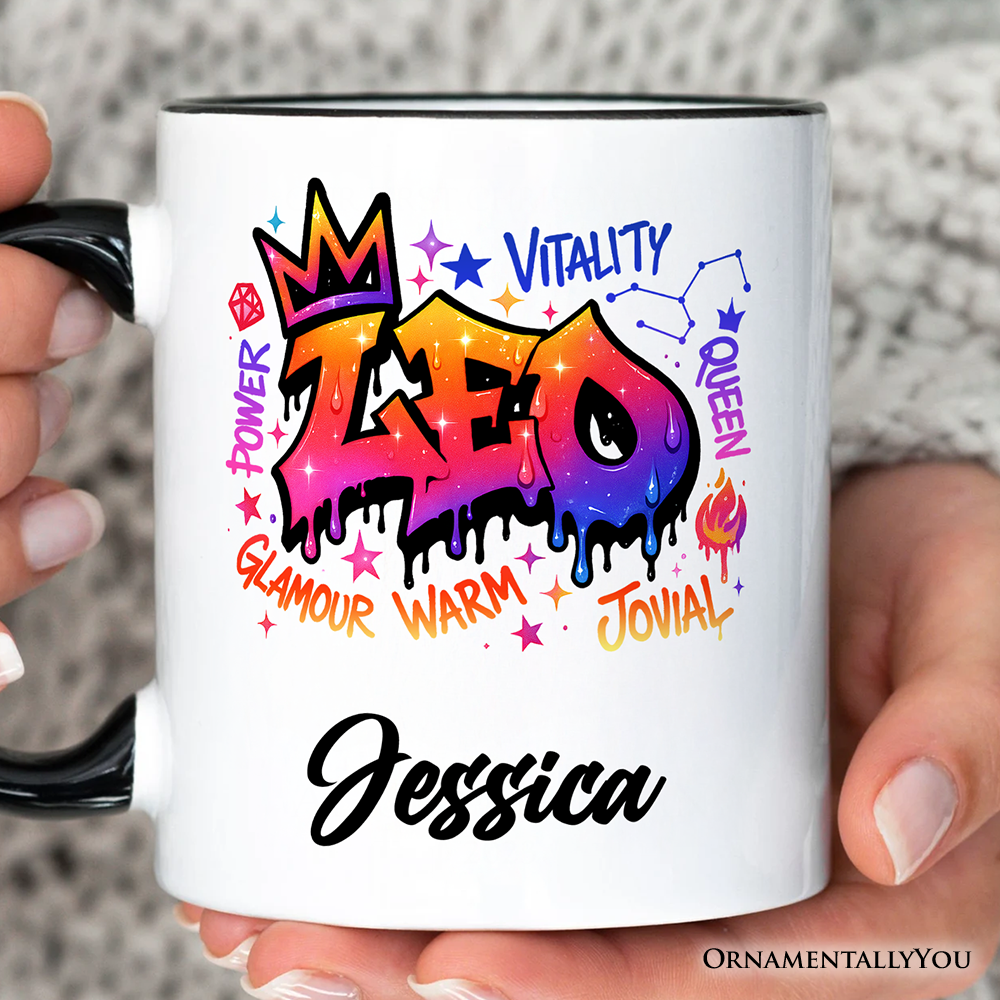 Leo Graffiti Zodiac Personalized Mug, Street Style Astrology Horoscope Gift with Custom Name