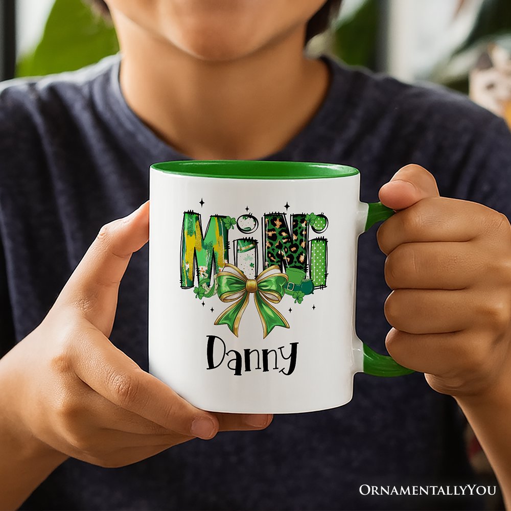Coquette Mini Clover Bow St Patrick's Day Personalized Mug, Green Lucky Shamrock Clover Gift with Custom Name