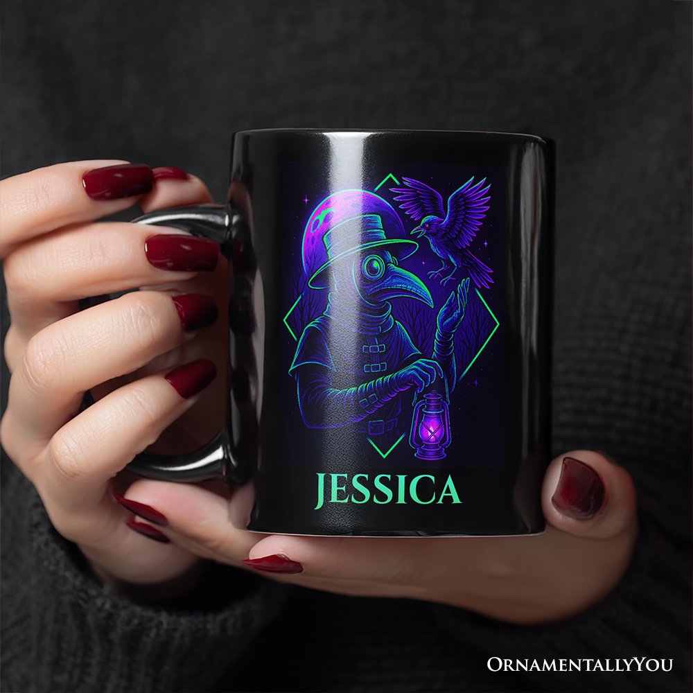 Vaporwave Plague Doctor Personalized Mug, Retro Neon Horror Vibes Halloween Gift with Custom Name