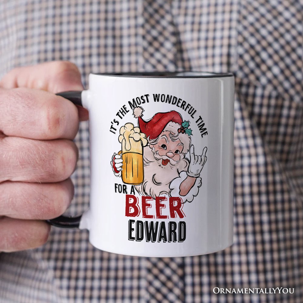 Santa Beer Christmas Personalized Mug, It's The Most Wonderful Time Funny Holiday Gift with Custom Name