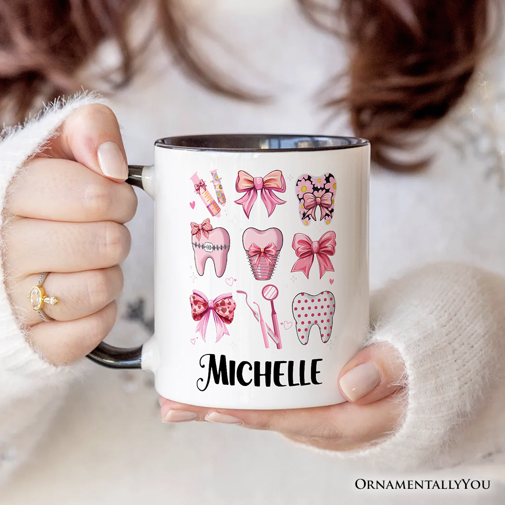 Dental Squad Coquette Personalized Mug, Pink Teeth Dentist Life Bow Gift with Custom Name