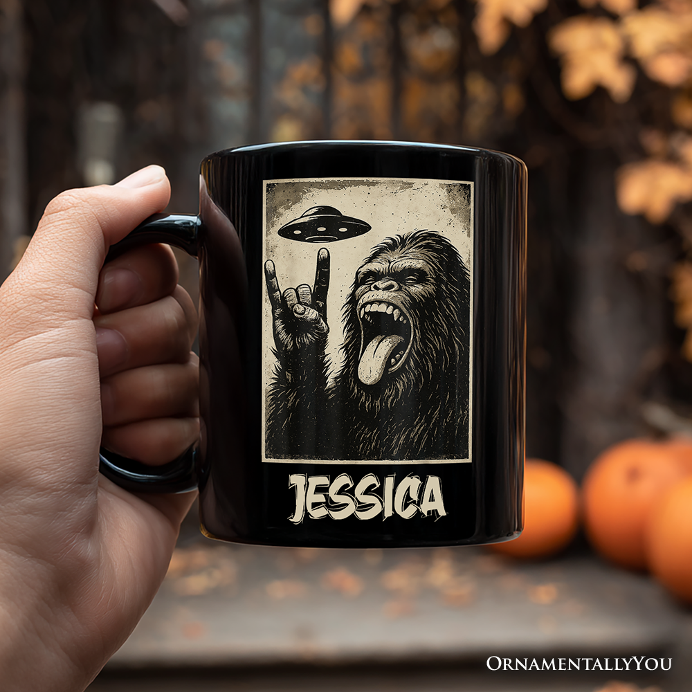 Bigfoot UFO Funny Personalized Mug, Rock and Roll Sasquatch Meme Gift with Custom Name