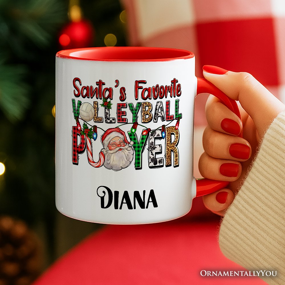 Santa's Favorite Volleyball Player Personalized Mug, Plaid Christmas Sports Gift with Custom Name
