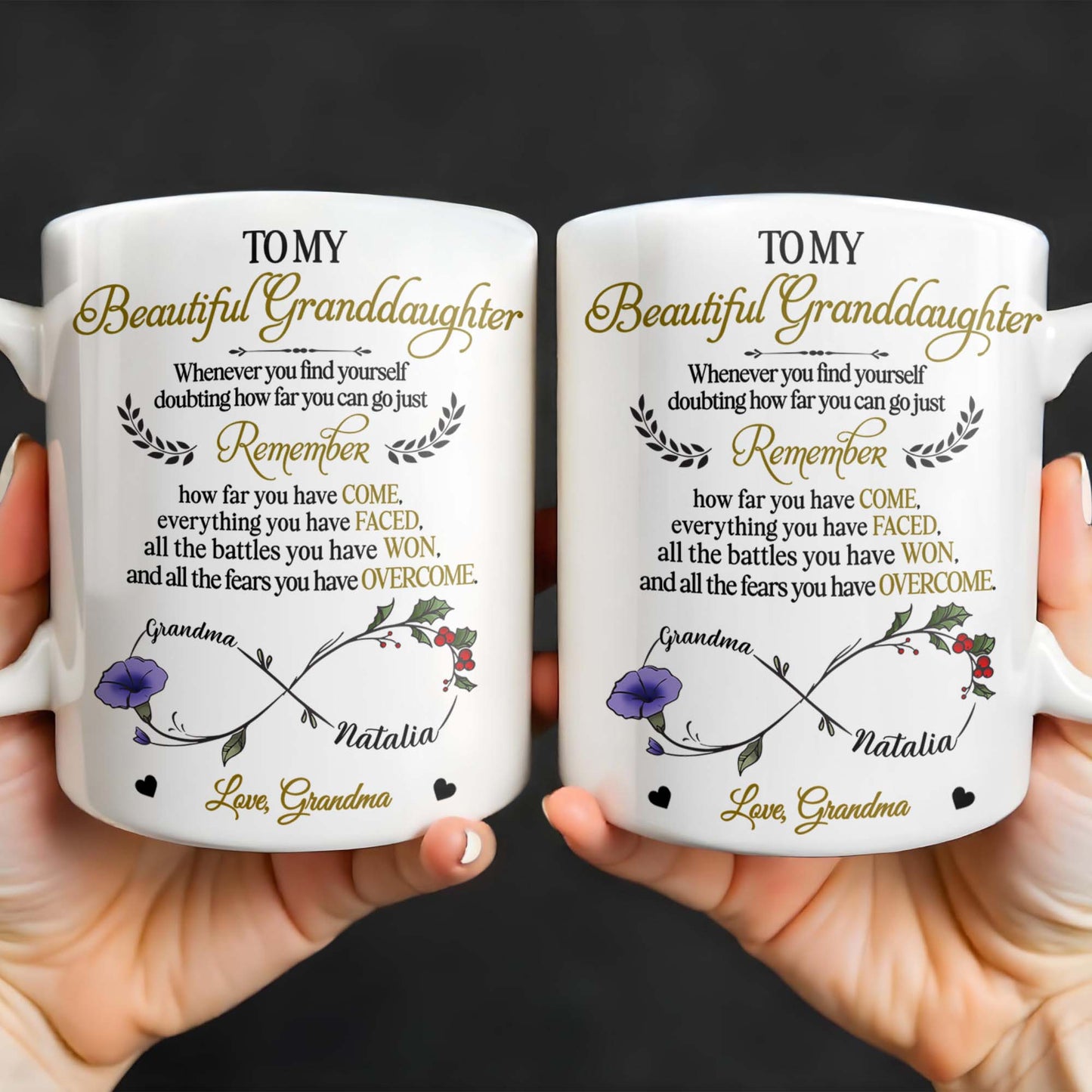 To My Beautiful Granddaughter, Remember How Far You Have Come, Flowers And Heart - Personalized Custom Coffee Mug - GDT309_MG